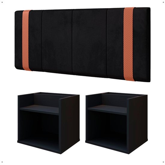 Jogo Quarto Casal 2 Mesas Cabeceira Suspensa Madri Divisória Superior Preto Painel Estofado Parise Cama 1,40 Suede - RPM