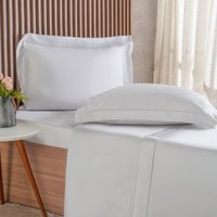 Jogo de Cama Casal 4 Pçs Ricamo 300 Fios 100% Algodão 140x190x30cm Cinza Fog