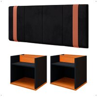 Kit Quarto 2 Mesas Cabeceira Suspensa Divisória Superior Preto/Cinamomo Painel Estofado Cama Box Queen 1,60 Suede - RPM