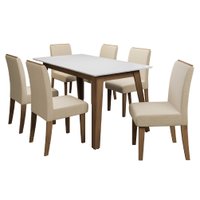 Conjunto de Mesa Sala de Jantar Tampo C/ Vidro 6 Cadeiras Nova York 1,60m Cedro/Off White/Areia