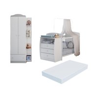 Berço Cômoda com Colchão Incluso e Guarda-Roupa 2 Portas 1 Gaveta Multimóveis MP4348 Branco/Colorido