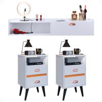 Kit Quarto 2 Mesas Cabeceira Classic Pés Palito Retrô Penteadeira Suspensa Decor Camarim Puxador Concha Branco - RPM