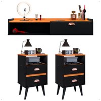 Kit Quarto 2 Mesas Cabeceira Classic Pés Palito Retrô Penteadeira Suspensa Camarim Puxador Concha Preto/Cinamomo - RPM