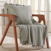 Kit Manta e Capa de Almofada Decorativa para Sofá Waffle 100% Algodão 120x150cm Verde Alfafa