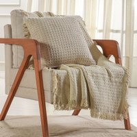 Kit Manta e 2 Almofada Decorativa para Sofá Waffle 100% Algodão 120x150cm Amendoa