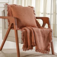 Kit Manta e Almofada Decorativa para Sofá Waffle 100% Algodão 120x150cm Terracota