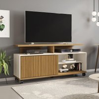 Rack para TV até 55 Polegadas com Nichos 1 Porta e Rodízios Multimóveis CR45295 Cinamomo/Off White/Ripado