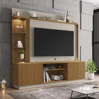 Rack com Painel para TV até 65 Polegadas com LED Vidros e 2 Portas Multimóveis CR45275 Cinamomo/Off White/Ripado