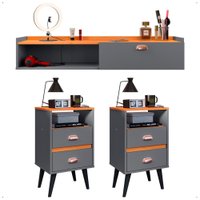 Kit Quarto 2 Mesas Cabeceira Retrô Pés Palito Penteadeira Suspensa Compacta Nicho Decorativo Cinza/Cinamomo - RPM