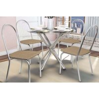 Sala de Jantar Completa Volga c/ Tampo de Vidro 95cm e 4 Cadeiras Noruega Cromada - Courano Capuccino - Kappesberg