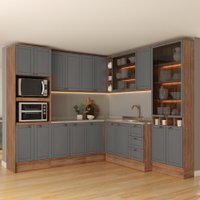 Armário de Cozinha Completa c Balcão Milla Dusk Carraro Nogal Cinza Titânio