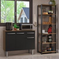 Kit Cozinha Balcão Gabinete 3 Portas 1 Gaveta e Armário Cozinha Despensa 5 Prateleiras Preto/Rustic