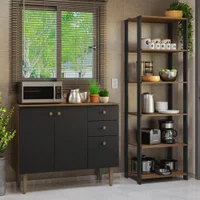 Kit Cozinha Balcão Gabinete 3 Portas 2 Gavetas e Armário Cozinha Despensa 5 Prateleiras Preto/Rustic