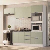 Cozinha Completa Meena 8 Portas 4 Gavetas Branco/Verde Oliva - Politorno