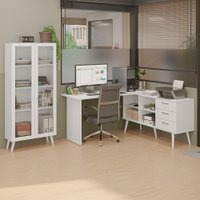 Kit 2 Peças com Escrivaninha em L 3 Gavetas e Armário Multiuso com Vidro Branco Madesa