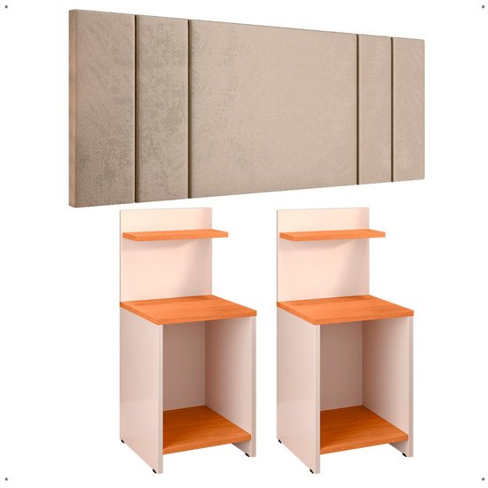 Kit Quarto Mesinhas Lateral Off White/Cinamomo Prateleira Nicho Cabeceira Suspensa Cama Box Casal 1,40 Areia Suede - RPM