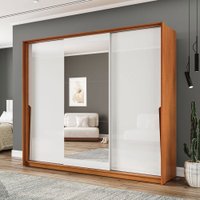 Guarda-Roupa Casal Porto 3 Portas 4 Gavetas com Espelho Freijó/Branco - Politorno