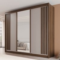 Guarda-Roupa Casal Dortmund 3 Portas 4 Gavetas com Espelho Ripado 100% Mdf Savana/Off White - Pnr Móveis
