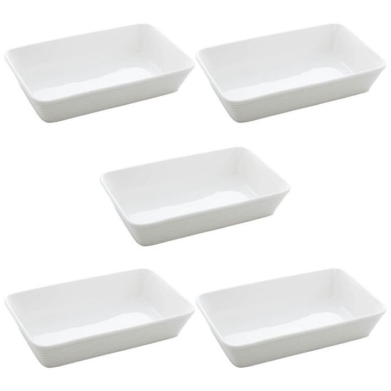 Kit 5 Travessas Assadeiras de Porcelana Branca 1,5L Refratários 30x20cm Buffet Restaurante