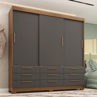 Guarda-Roupa Casal 194,40 3 Portas de Correr 9 Gavetas- Jatoba/Grafitte