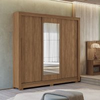 Guarda-Roupa Casal 204cm Com 3 Portas de Correr 9 Gavetas Com Espelho Jatoba - Arnaut