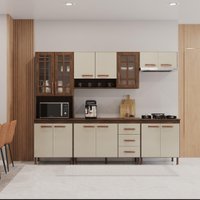 Armário de Cozinha Modulada Completa Fidelitá Lisboa 5 Peças 260cm 13 Portas 3 Gavetas Com Tampo Noce/Off-White