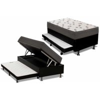 Cama Box Baú c/ Auxiliar Solteiro: Colchão Espuma Ortobom D45 Light Saúde + Base CRC Courano Black (88x188)