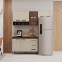 Cozinha Modulada Compacta Fidelitá Lisboa 3 Peças 190cm 7 Portas 3 Gavetas Com Tampo Noce/Off-White