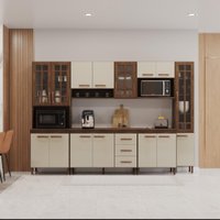 Armário de Cozinha Modulada Completa Fidelitá Lisboa 6 Peças 295cm com 15 Portas 3 Gavetas Com Tampo Noce/Off-White