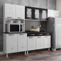 Cozinha Completa Modulada de Aço 4 Peças com Vidros e Balcão Multimóveis CR20353 Branco/Preto