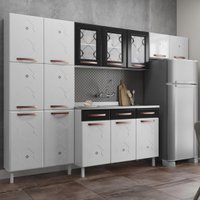 Cozinha Completa Modulada de Aço 4 Peças com Vidros e Gabinete Pia Multimóveis CR20352 Branco/Preto