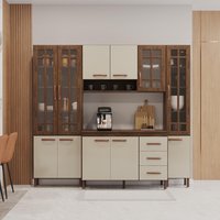 Armário de Cozinha Modulada Compacta Fidelitá Lisboa 4 Peças 225cm 11 Portas 3 Gavetas Com Tampo Noce/Off-White