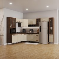 Armário de Cozinha Modulada Completa Fidelitá Lisboa 9 Peças 515cm de 20 Portas 3 Gavetas Com Tampo Noce/Off-White