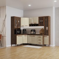 Cozinha Modulada Completa Fidelitá Lisboa 6 Peças 375cm 14 Portas 3 Gavetas Com Tampo Noce/Off-White