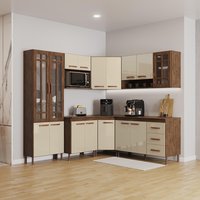 Cozinha Modulada Completa Fidelitá Lisboa 7 Peças 410cm 16 Portas 3 Gavetas Com Tampo Noce/Off-White