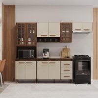 Cozinha Modulada Compacta Fidelitá Lisboa Com 4 Peças 260cm 11 Portas 3 Gavetas Com Tampo Noce/Off-White