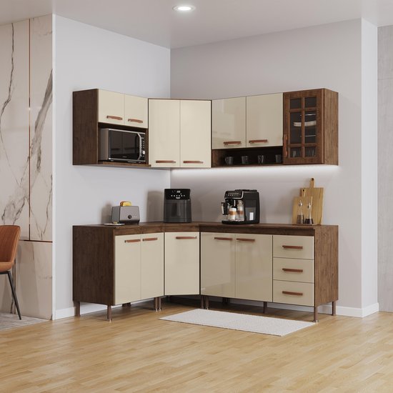 Cozinha Modulada Completa Fidelitá Lisboa 6 Peças 340cm Com 12 Portas 3 Gavetas Com Tampo
