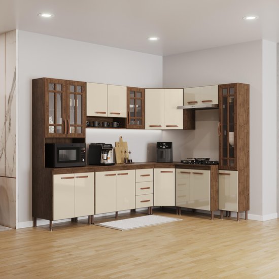 Cozinha Modulada Completa Fidelitá Lisboa Com 8 Peças 445cm 18 Portas 3 Gavetas Com Tampo