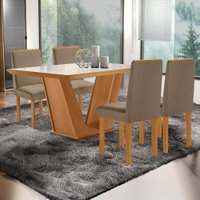 Mesa de Jantar 4 Lugares França com Vidro Castanho/Cinamomo/Suede Capuccino - Lj Móveis
