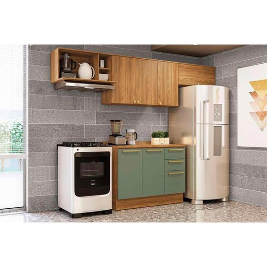 Kit Cozinha Modulada 5 Peças Botanic (3Aéreos+1Balcão+1Complemento) M662 Nogueira/Verde Oliva - Kappesberg