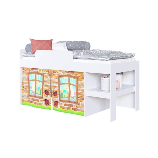 Cama Infantil Branca MDP Cabaninha Imaginação com Protetor Lateral e Escada Prateleira