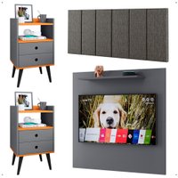Kit 2 Mesinhas Lateral Cinza/Cinamomo Painel Tv 32 Polegadas Prateleira Suspensa Cabeceira Cama Casal 1,40 Linho - RPM