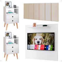 Kit 2 Mesinhas Lateral Painel Branco Tv 32 Polegadas Prateleira Suspensa Cabeceira Cama Box Casal 1,40 Areia Suede - RPM