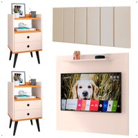Kit 2 Mesinhas Off White/Cinamomo Painel Tv 32 Polegadas Prateleira Suspensa Cabeceira Cama Casal 1,40 Areia Suede - RPM