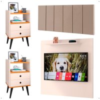 Kit 2 Mesinhas Lateral Off White/Cinamomo Painel Tv 32 Polegadas Cabeceira Cama Box Casal 1,40 Bege Suede - RPM