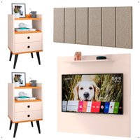 Kit 2 Mesinhas Lateral Off White/Cinamomo Painel Tv 32 Polegadas Prateleira Cabeceira Cama Casal 1,40 Bege Linho - RPM