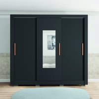Guarda Roupas Casal com Espelho 3 Portas de Correr 2 Gavetas Paris Caemmun - Preto
