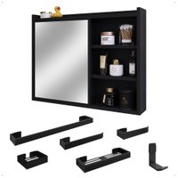Espelheira Suspensa Armário Banheiro Prateleira Organizadora Kit Acessórios Lavabo 6 Peças Resistente Premium Preto