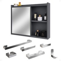 Espelheira Suspensa Armário Banheiro Prateleira Organizadora Cinza Kit Acessórios Lavabo 6 Peças Resistente Cromado Espelheira Suspensa Armário Banheiro Prateleira Organizadora Cinza Kit Acessórios Lavabo 6 Peças Resistente Cromado