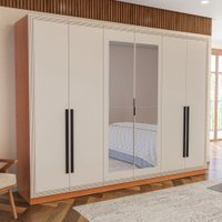 Guarda-Roupa Valência 6 Portas 4 Gavetas com Espelho Freijó/Creme - Politorno
